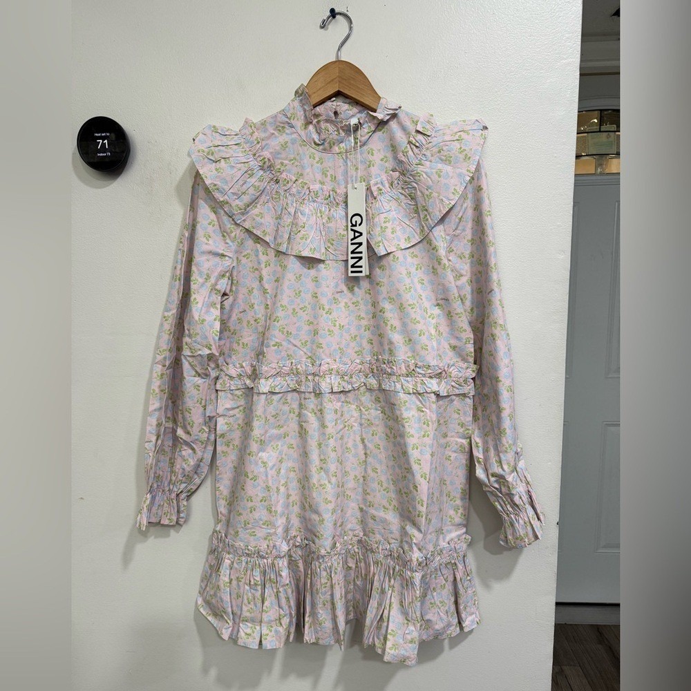 NWT GANNI Ruffled floral-print cotton mini dress In Cherry Blossom SZ 40 US 8/10